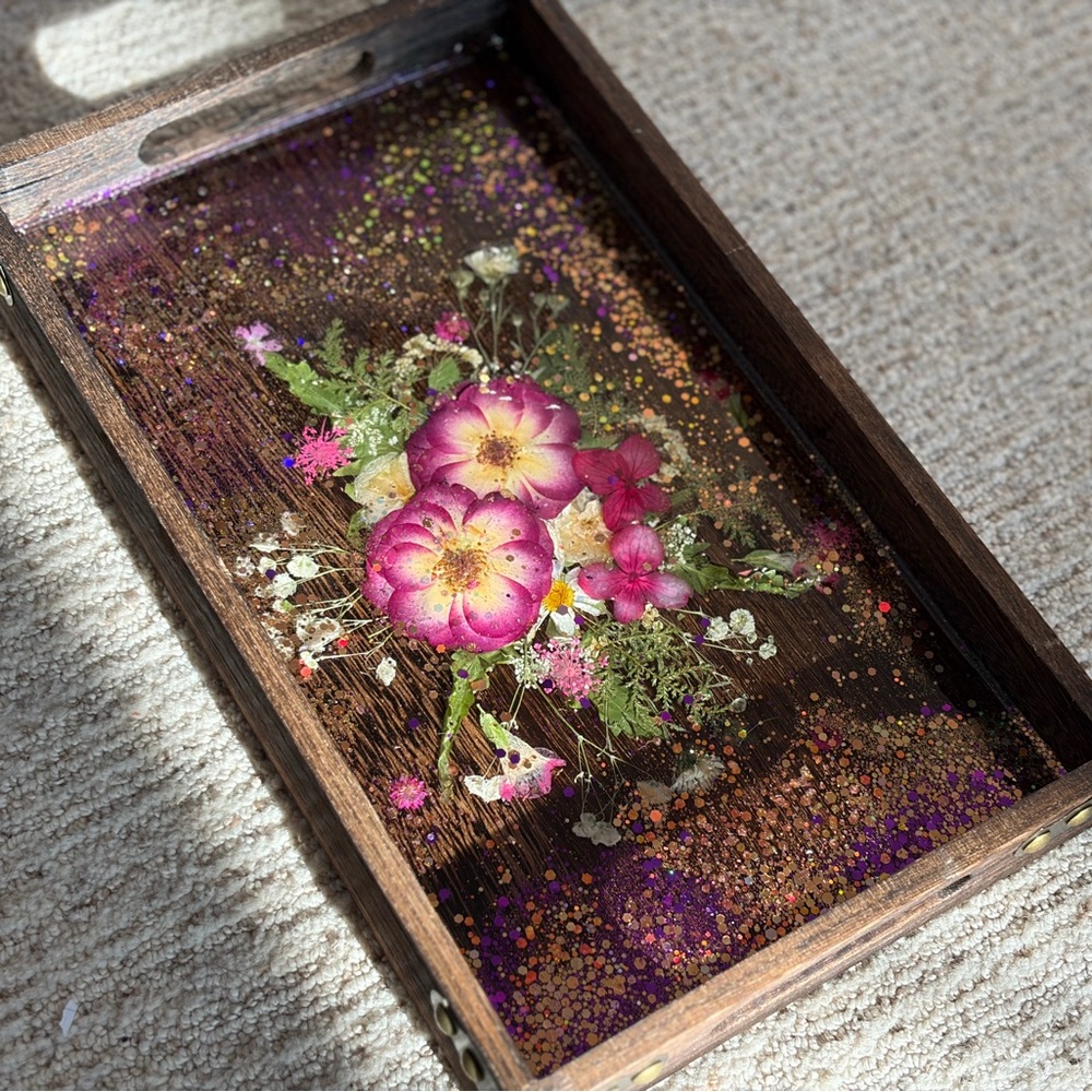 Floral Wooden Serving Tray - Purple & Pink Bloom resin